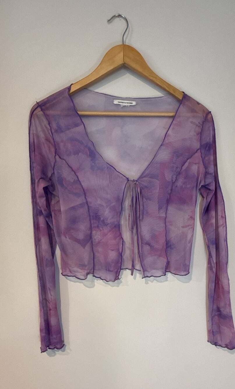 Caution to the Wind Purple Floral Mesh Tie-Front Long Sleeve Crop Top